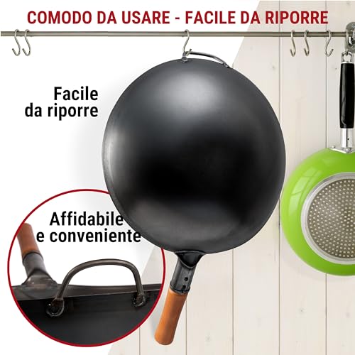 YOSUKATA Professional Wok Pan 36 cm – Traditional Round Base in Preconditioned Carbon Steel – Original Chinese – Large Pot – Compatible with Gas and Open Fire (Black)