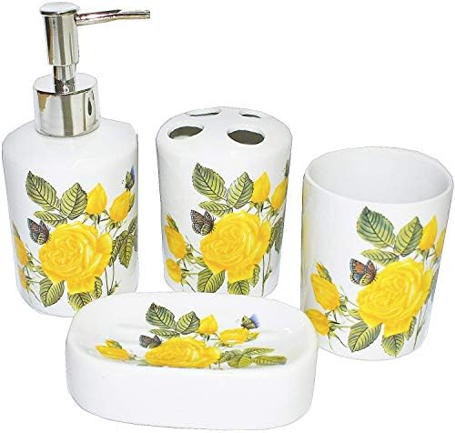 ROSE CREATE White Ceramic Flowers Bathroom Accessory Set, Liquid Soap or Lotion Dispenser Pump, Toothbrush Holder, Soap Dish and Tumbler, Toilet Brush Accessories Sets, 4 Piece Bath Ensemble (Yellow)