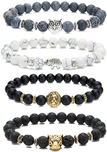 LYLYMIMI Bead Bracelets for Men Elephant Bracelet Owl Lion Leopard Jewelry Set Matte Lava Rock Stone