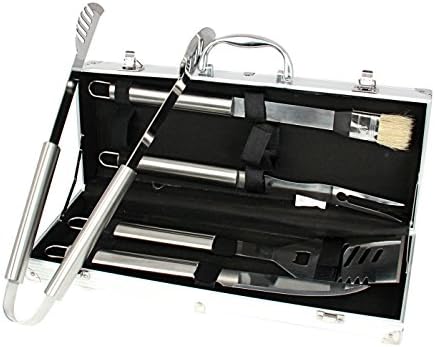 5 Piece Stainless Steel Barbecue Grill Tool Set with Non-Slip Handles- BBQ Spatula, Tongs, Knife, Fork, Cleaning Brush - BBQ Set