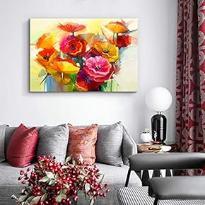 Canvas Wall Art Beautiful Flowers Red Yellow Pink Painting Artwork for Home Decor Framed - 12x18 inches
