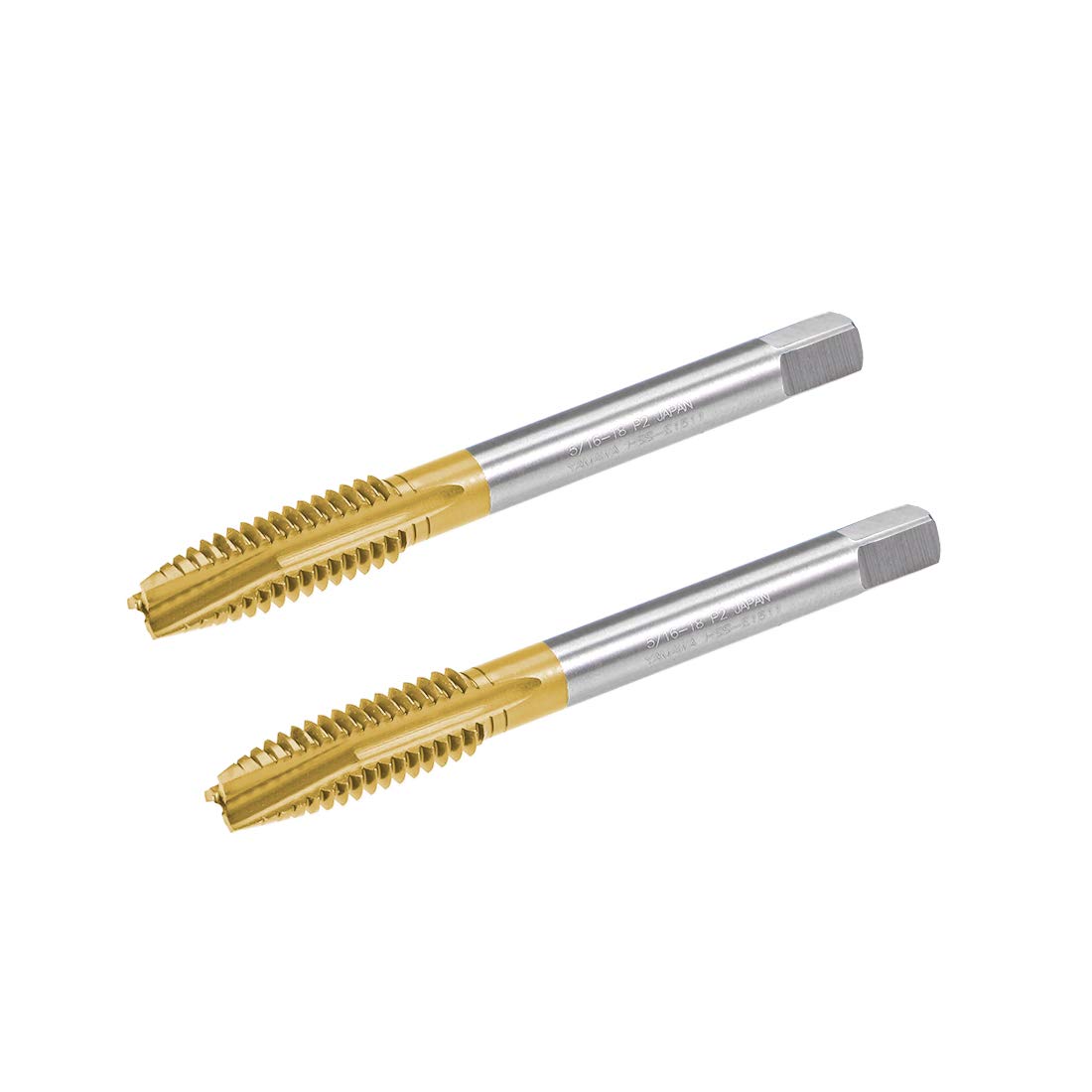 sourcing map Spiral Point Plug Threading Tap UNC 5/16-18 Thread, Ground Threads H2 3 Flutes, High Speed Steel HSS 6542, Titanium Coated, Round Shank with Square End, 2pcs