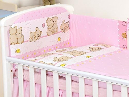 3 PCS PRO COSMO Baby Bedding Set to FIT COT & COT Bed - 100% Cotton Pink Teddies to fit cot Bed 140x70cm Mattress Size, 7)