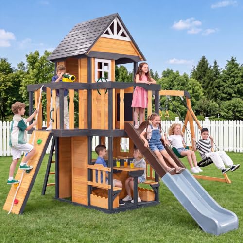 Outdoor Kids Playground Wooden Swing Set Garden Lawn Play House, Natural