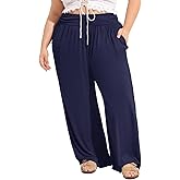 TIYOMI Plus Size Pants for Women Wide Leg Pants Casual Loose Elastic Waist Palazzo Pants Lounge Trouser with Pockets XL-5XL