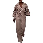 Luotasia 2 Piece Outfits for Women,Dressy Lantern Sleeve Jackets High Waisted Blazer Pants Set for Work Business