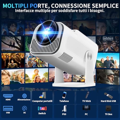 [Integrated App & 2026 Upgraded] 1080P 4K Projector with WiFi 6 Bluetooth 5.2 Mini Portable Projector Supports 270° Rotatable Car Keystone Projector TV Stick/USB/HDMI/PC with HDMI Cable & Mouse,White