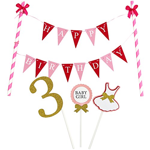 KUNGYO Mini Happy Birthday Cake Bunting Banner - Handmade Pennant Flags 3rd 3 Years Old Baby Girl Birthday Party Cake Topper Decorations