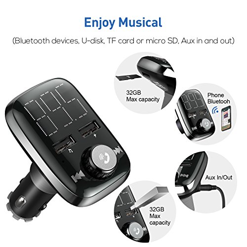 HiGoing Bluetooth FM Transmitter, Wireless Car Radio Adapter Receiver Hands-free Calling, Dual USB Charger with 5 V/3.4 A Output, U-disk/TF Card/AUX MP3 Player Car Kit - Thumbnail 4