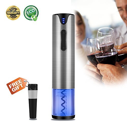 Electric Wine Opener, Cordless Corkscrew, Stainless Steel Bottle Opener with Foil Cutter, LED Indicator Light, Rechargeable Wine Bottle Opener, Silver, Free Wine Stopper