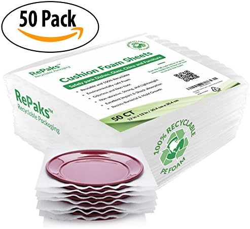 Foam Wrap Sheets by RePaks - Recyclable and Eco Friendly - 12" X 12" (50 Pack) Individual Cushioning Pads for Packing Dishes, Moving, Storage, and Shipping