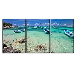 3 Piece Canvas Wall Art - Tropical Coast Near Akumal in Mexico - Modern Home Art Stretched and Framed Ready to Hang - 16"x24"x3 Panels