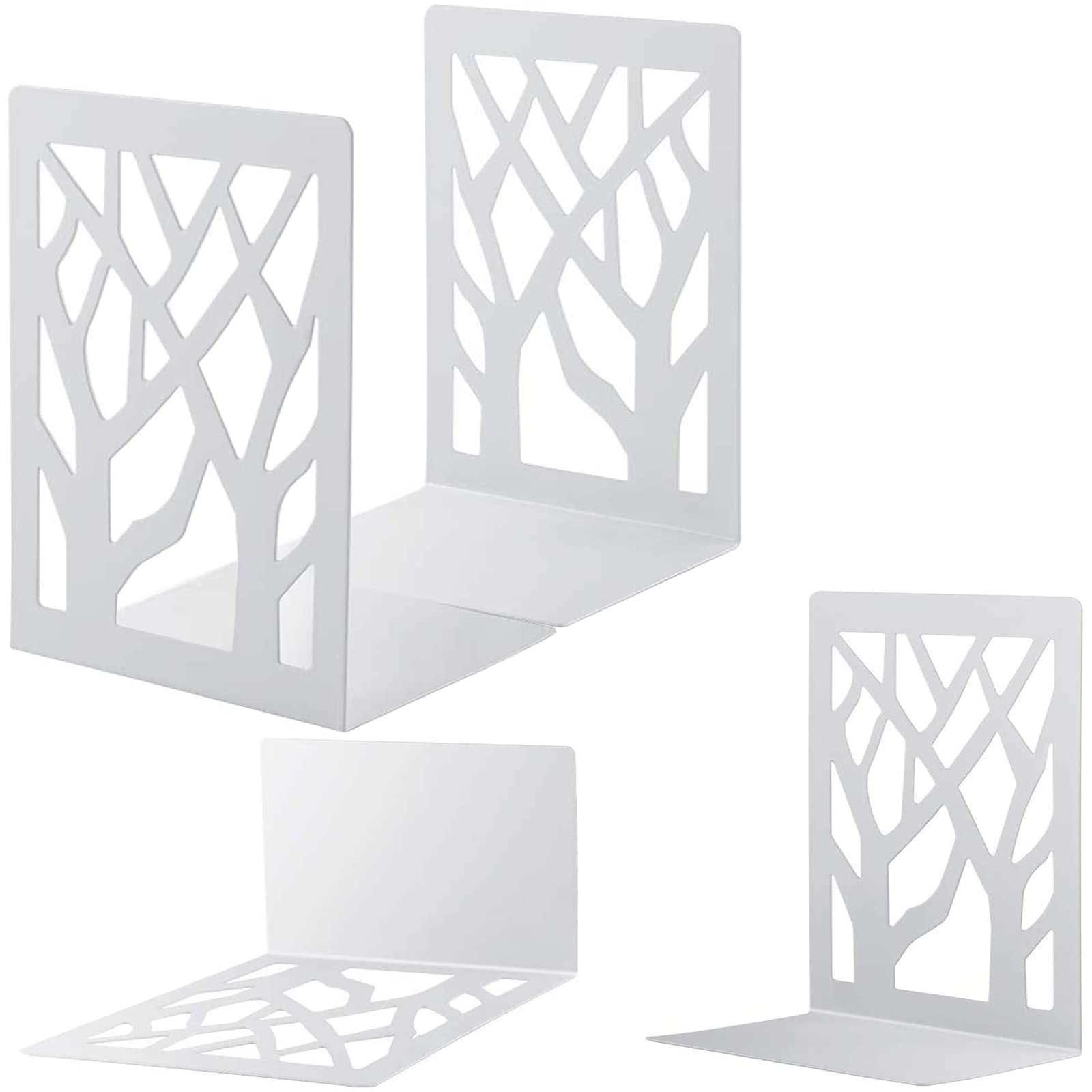 2 Pairs Book Ends, MSDADA Desk Bookends Heavy Duty, Book Ends Holder for Shelves, Metal Bookends for Office&School, Book Shelf Holder Home Decorative, Bookend Supports, Book Stoppers(White)