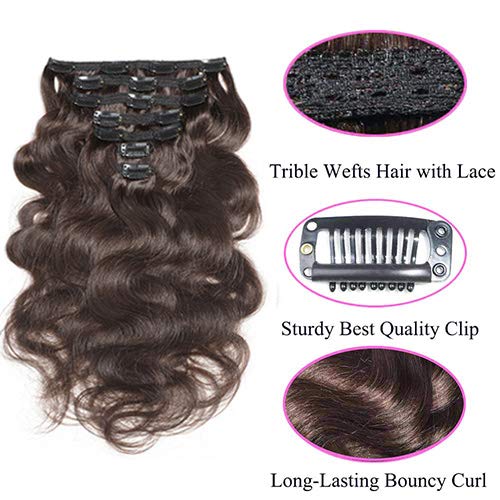 Urbeauty 18" Dark Brown Wavy Clip in Hair Extensions Triple Weft 7Pcs/100g Body Wave Remy Clip in Real Human Hair Extensions Full Head - Thumbnail 3