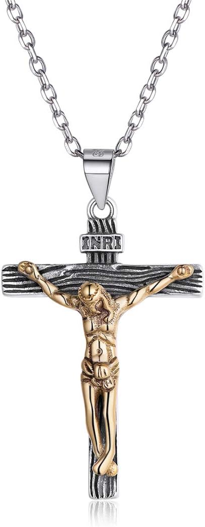 ChicSilverJesus Crucifix Cross Necklace for Men Women 925 Sterling Silver & Brass Christian INRI Crucifixion Pendant with Rolo Chain Religious Jewelry