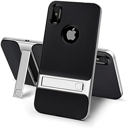 iPhone X Case With Stand Kickstand - USAcases 2017 Ultra Thin Slim Fit Built-in Holder Kickstand Premium Carbon Fiber Dual Layer Hybrid Shockproof Heavy Duty Protection For iPhone X (Silver)