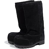 Trelako Platform Snow Boots for Women Suede Classic Fur Hippy Mid Calf Winter Boots Slip On High Boots Comfortable Chunky Trending Shoes Biege