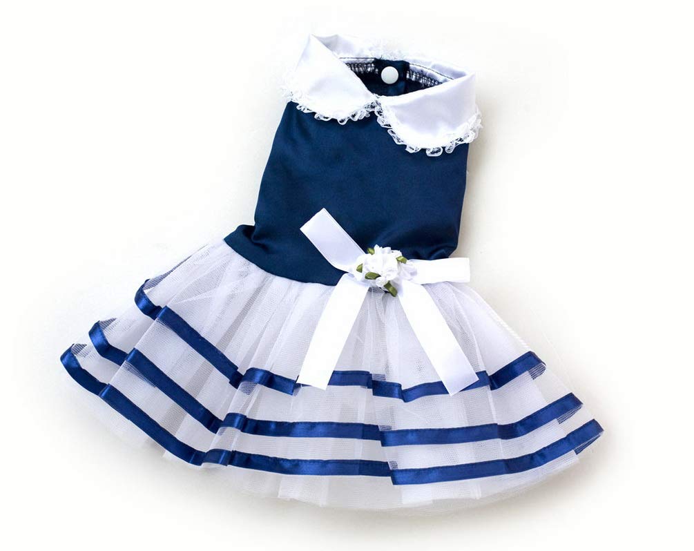SMALLLEE_LUCKY_STORE Girls Satin Flower Pet Small Dog Princess Dress Striped Tutu Skirts Cat Puppy Clothes Wedding Party Costume,XL,Blue