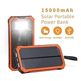 Solar Charger 15000mAh, Elzle Portable Solar Power Bank Dual USB Backup Battery Pack Charger, Outdoor Solar Phone External Battery Charger with 6 Led Flashlight for iPhone Series, Smart Phone, More