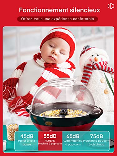 FOHERE Pop Horn Machine, 5.5 L Pop Corn, Removable Tray, Non-stick Coating, Quiet and Quick, Transparent Lid Can Be Used As a Container (Red)