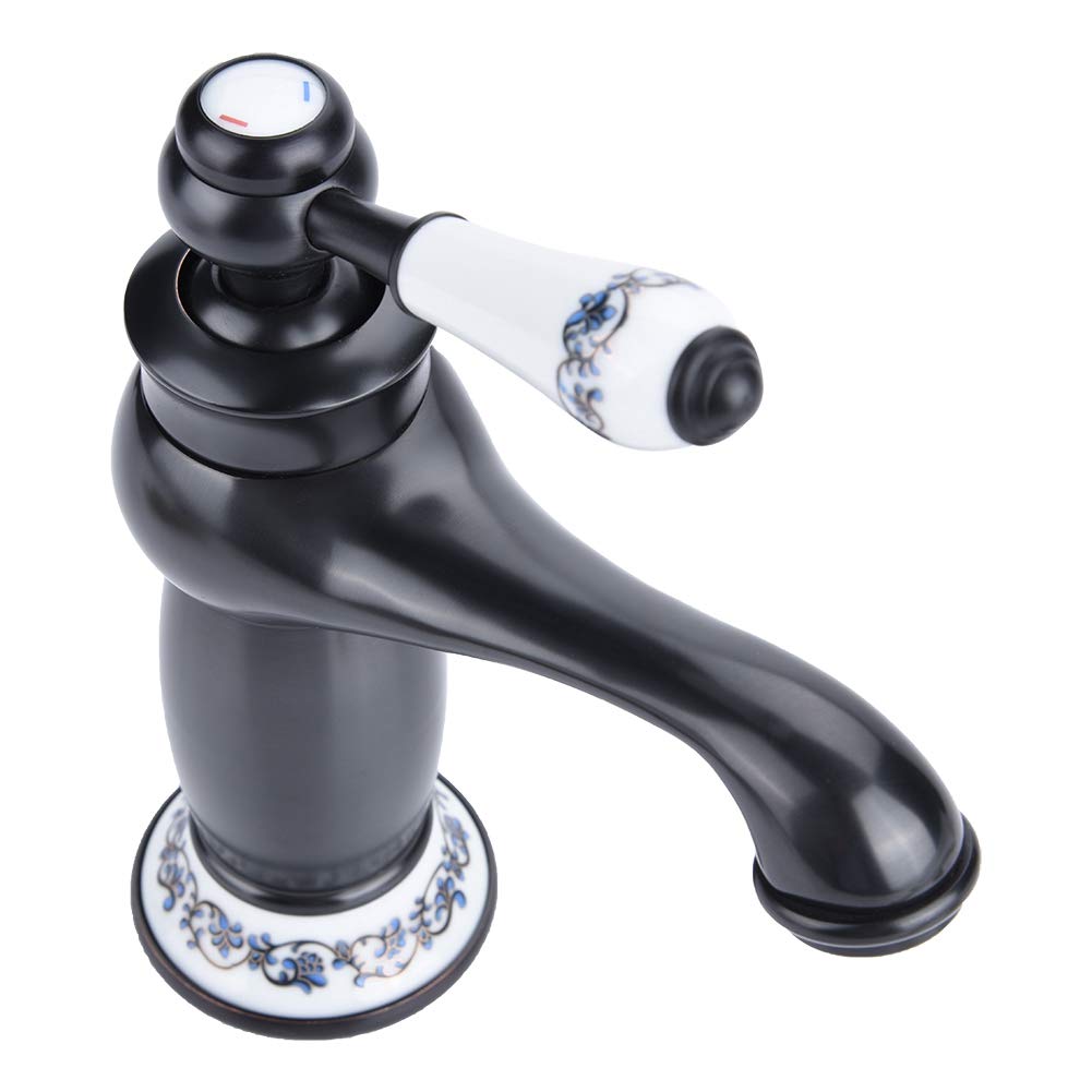 Ceramic Antique Brass Faucet Bathroom Sink Faucet Blue and White Porcelain Long Neck Vintage Faucet Mixer Sink Tap Kitchen Cold/Hot Water Basin Tap(Black)