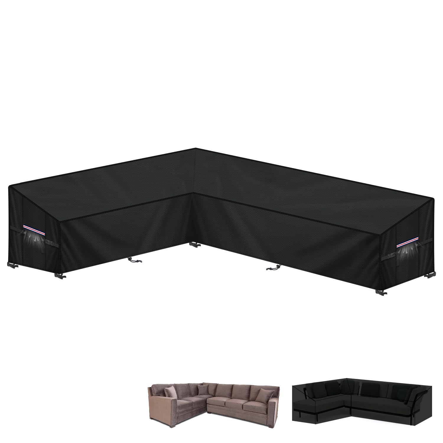 LAMUNI L-Shaped Garden Furniture Cover Waterproof Garden Sofa Covers 420D Oxford Rattan Corner Sofa Cover L-Shape Garden Corner Covers Outdoor Corner Sofa Cover with Air Vent, 190x280x90x80/60cm