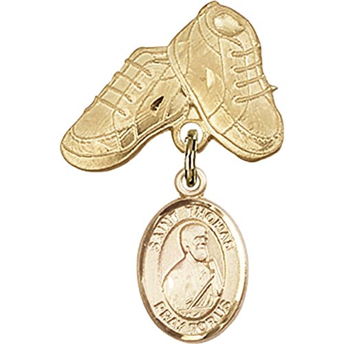 Gold Filled Baby Badge with St. Thomas the Apostle Charm and Baby Boots Pin 1 X 5/8 inches