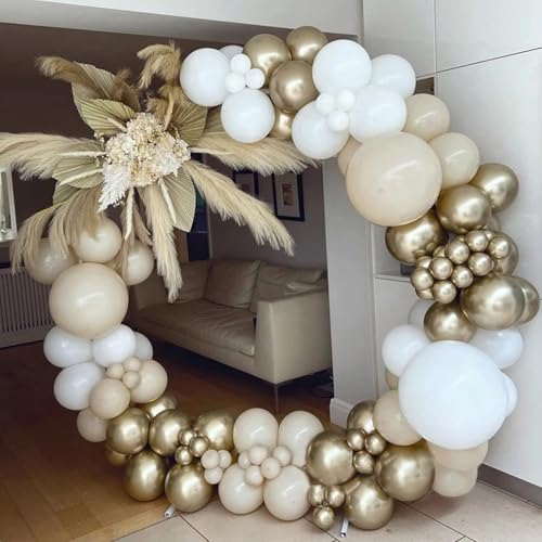TERRIFI 156 PCS White Sand Gold Balloons Garland Arch Kit, White Nude and Metallic Chrome Gold Balloons for Boho Wedding, Baby Shower, Bridal Shower, Engagement, Anniversary, Birthday Decorations