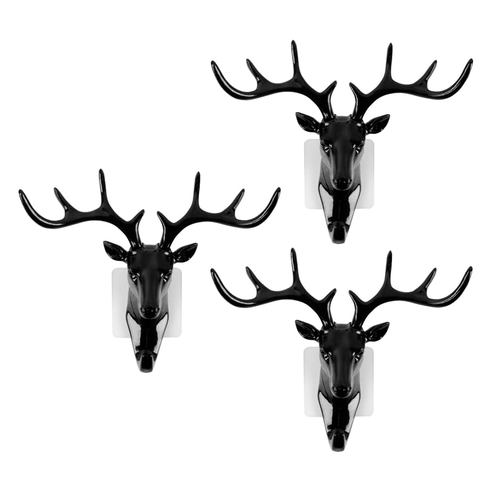 NUOBESTY 3Pcs Deer Head Wall-Mount Key Rack Box Reindeer Antler Entryway Hat Hook Rails for Bathroom Hallway Kicthen Door Closet Room Decoration
