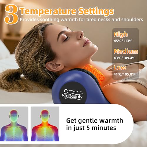 SteBeauty Neck Massager with Heat Deep Tissue 3 Temperature 41-45°C, 3 Vibration Modes Cordless U-Shaped Ergonomic for Neck Shoulder Back Pain Relief Massage Pillow, Gifts for Women Men Dad Mom