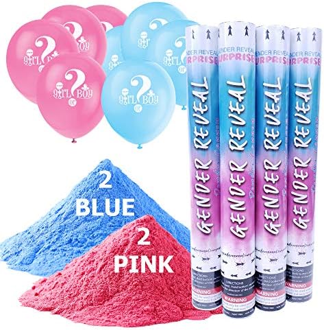Gender Reveal Surprise|18 Inch Gender Reveal Powder Cannons Bundle | Pink and Blue Powder Dispenser| 8 Free Gender Reveal Party Balloons (4 Pack, Pink & Blue)