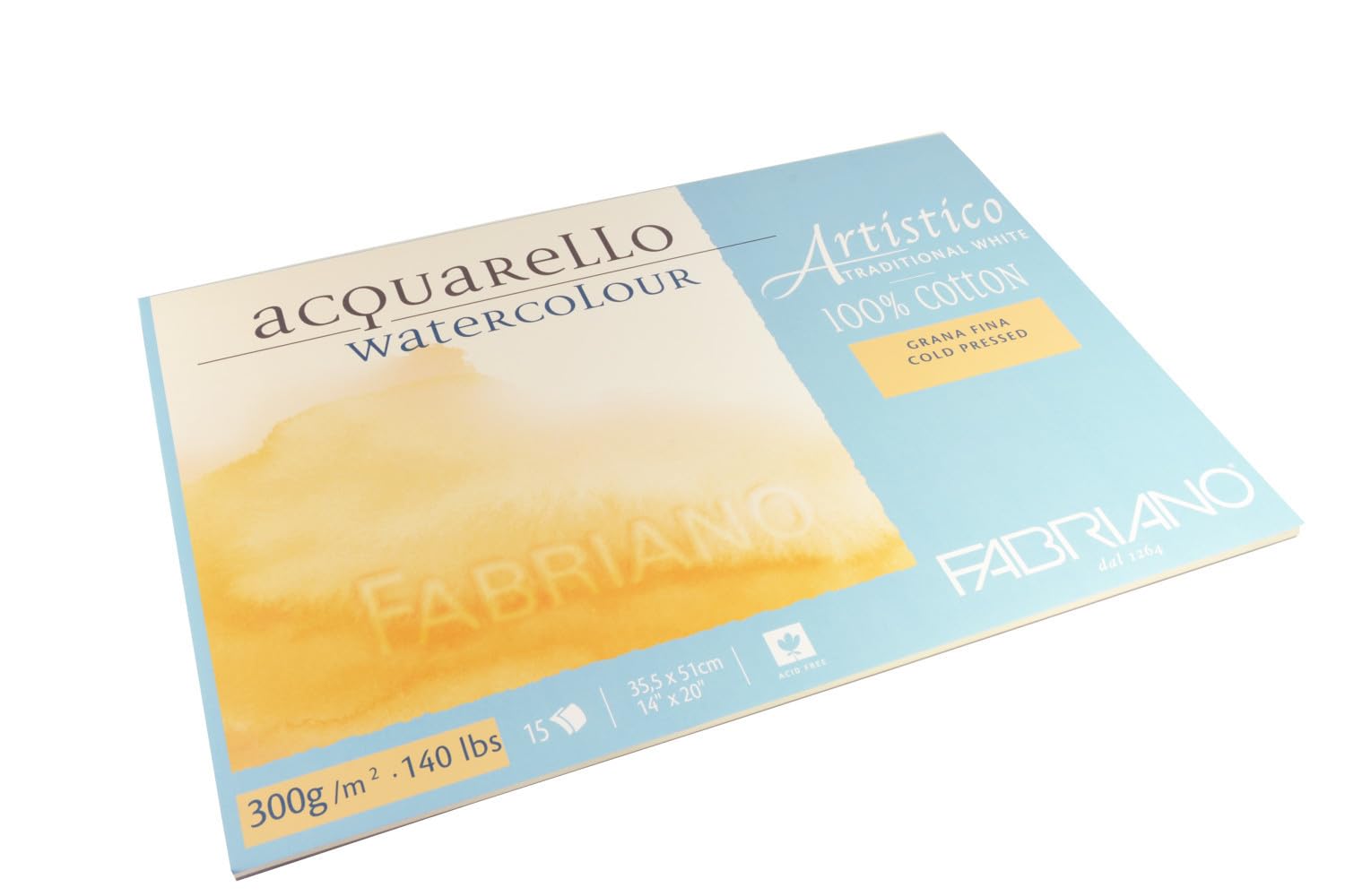 Fabriano Artistico Acquarello Watercolour, Natural White, Fine Grain Cold Pressed, 35.5 x 51 cm, 15 Sheets 300 g/m², High-Quality Artist's Watercolour Cardboard, Pad Glued on 4 Sides, Vegan