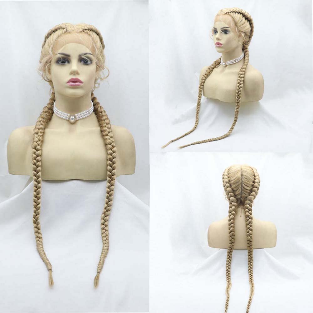 Xiweiya 36" Long Blonde Double Braid Wig - Hand-Made Braided Synthetic Lace Front Box Braided With Baby Hair for Women - Cornrow Long Braids
