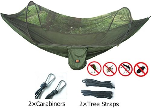 TOMTU Lightweight &amp; Portable Nylon Camping Hammock, Simple Tent, 70D Parachute Double Hammock with Mosquito &amp; Bugs Net, 2 Tree Straps – 440lbs Great for Indoor Travel Adventure Hiking Beach Yard Army
