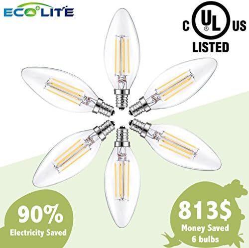 Ecopluslite LED Candelabra Bulb,Dimmable,3.5 watt,2700K,Warm White,Torpedo Tip,E12,LED Filament Lighting Bulbs,Equivalent 40 Watt ,6 Pack