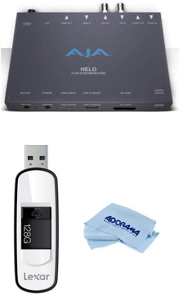 Aja HELO H.264 Streamer and Recorder - Bundle with Lexar 128GB JumpDrive S75 USB 3.0 Flash Drive, Black, Microfiber Cloth