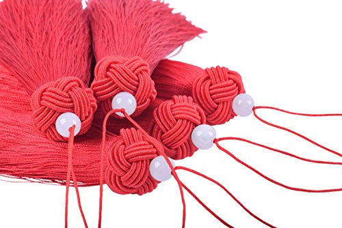 KONMAY 5pcs 3.8''(9.5cm) Handmade Imitation Silk Tassels with Threaded Cap and Jade Beads (Red)