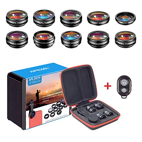 Apexel 10 in 1 kit Objectif Grand Angle et Macro + Fisheye + téléobjectif + écran LCD/Flux/Radial/étoile+Filtre…