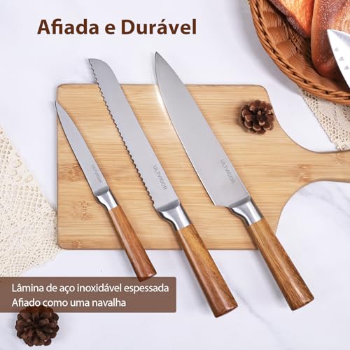 ULTVIGOR Jogo de Facas 5 Peças, 4CR13 Aço Inoxidável Afiado e Durável, Cabos antiderrapante, Corte Preciso para Cozinhas Domésticas, Inclui Faca de Chef, Santoku
