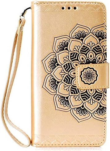 CUSKING Wallet Case for Samsung Galaxy A7 2018, Leather Case Magnetic Stand Bumper Case with Card Holders and Hand Wrist - Gold
