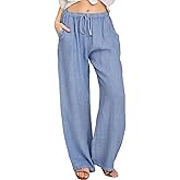 loveimgs Women's Casual Wide Leg Elastic Waist Loose Lightweight Summer Linen Beach Pants Drawstring