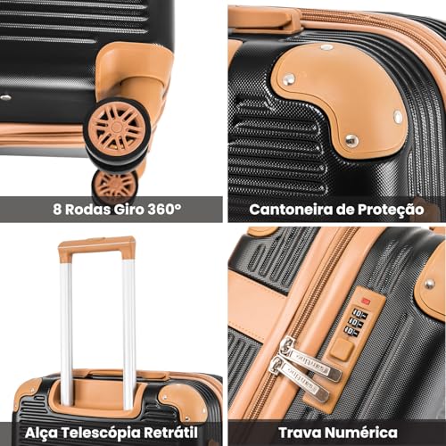 Santino Mala de Bordo Rígida - Textura Canelada Distinta, Rodas Duplas Silenciosas 360°, Cadeado com Combinação Numérica | Leveza e Segurança Aprimoradas para Viagens (Preto, Pequeno)