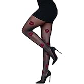 SAWINDA Red Lip Print Tights Sheer Black Mesh Pantyhose Stockings with Bold Lip Pattern Sexy Valentine's Day Tights for Women and Girls Cosplay Party Date Night