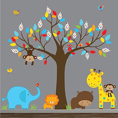 Jungle Nursery Wall Art-Wall Decal-Wall Sticker-Tree Decal with Animals-Nursery Wall Decals-Lion, Giraffe , Elephant, Birds, Owl
