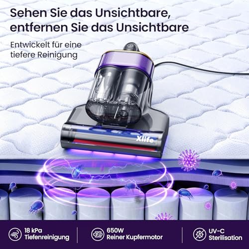 Mite Vacuum Cleaner for Mattresses with 18 kPa Suction Power, UV-C Light, 63°C Hot Air and 2 Brushes, Bed Vacuum Cleaner and Mattress Cleaner for Mattresses, Beds, Sofa