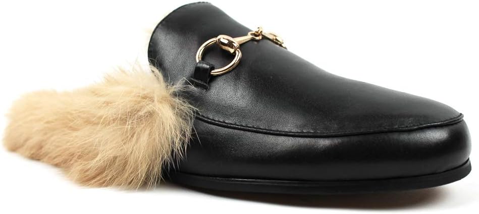 Mens Backless Slip On Real Leather Faux Fur Gold Buckle Round Toe Loafers Shoes