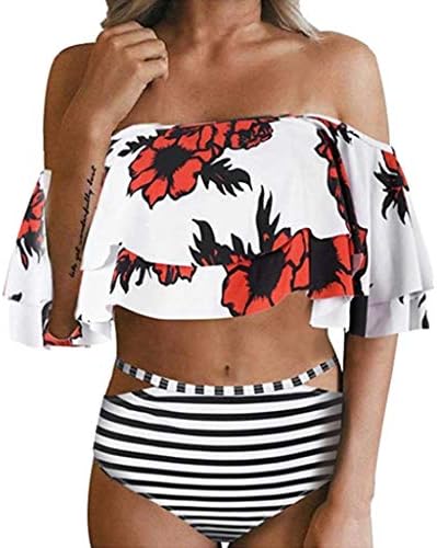 Gooldu Two Pieces Plus Size Cover Up Coverups Swimsuit for Women One-Piece Collar High Waist Ruffle Print Bikini Set