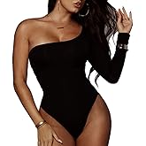 PLOIEM Women's Elegant One Shoulder Long Sleeves Bodysuits Sexy Black Square Neck Bodysuit T Shirts Going Out Tops Clothes