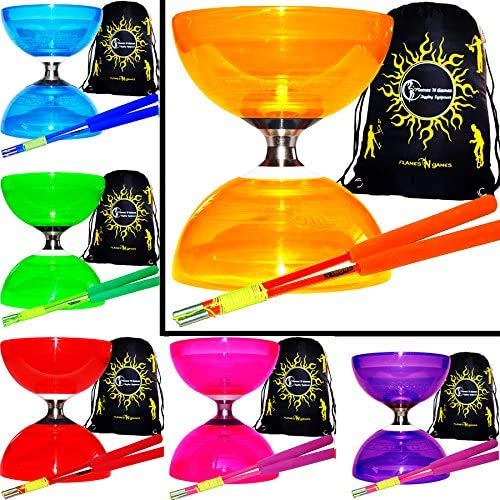 Juggle Dream Cyclone QUARTZ II Pro Diabolo Set (6Colours) Triple Ball Bearing Clutch Diabolos + Matching Coloured FIBRE Handsticks, Diablo String & Bag! (Orange + Black Sticks)