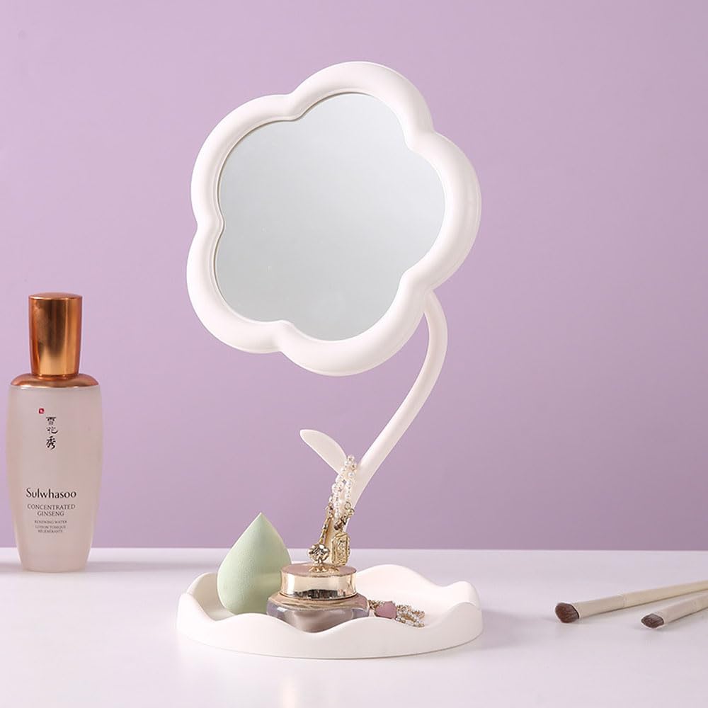 Hosoncovy Desktop Mirror with Stand - Flower Shaped Countertop Makeup Vanity Mirror - Decorative (White)